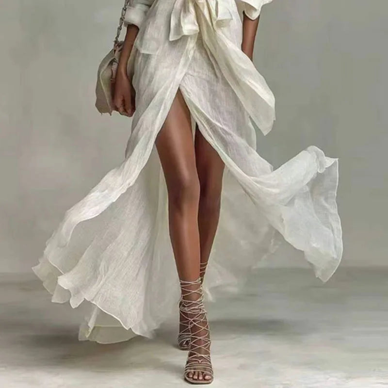 Vestido camisero largo de lino blanco