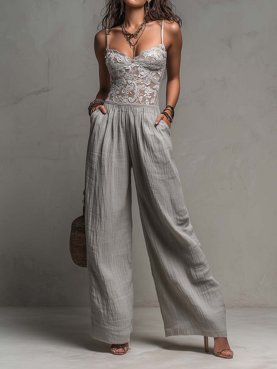 Mono bohemio gris de pierna ancha plisado con ribete de encaje