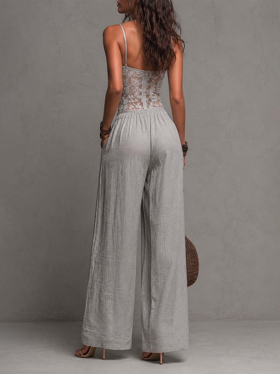 Mono bohemio gris de pierna ancha plisado con ribete de encaje