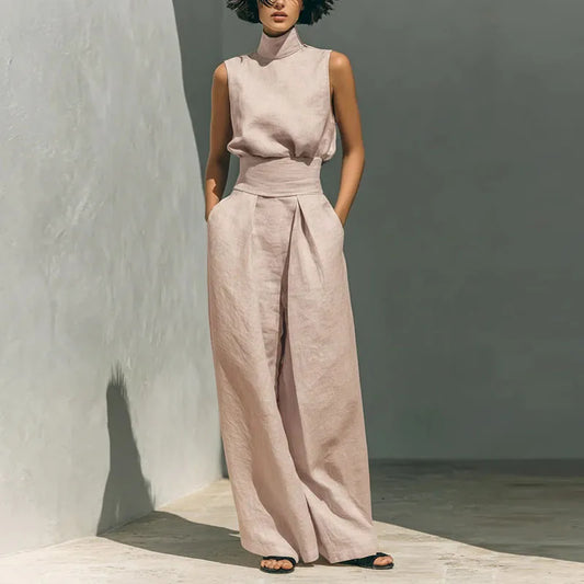 Traje Vintage de Lino y Algodón Sólido para Mujer