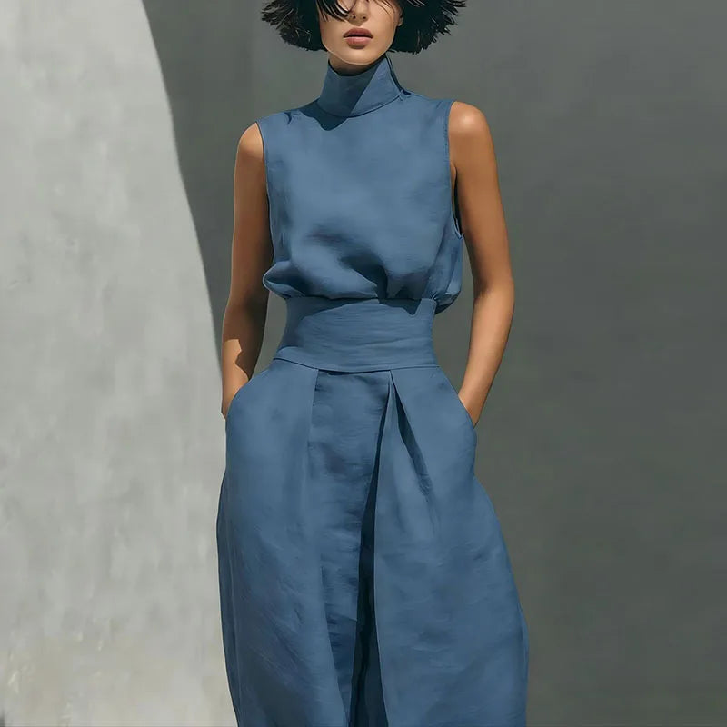 Traje Vintage de Lino y Algodón Sólido para Mujer