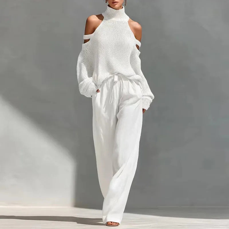 Conjunto de Suéter de Punto de Cuello Alto y Pantalones Casual de Primavera