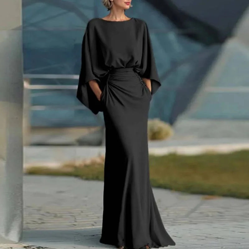 Elegante Vestido de Fiesta con Cuello Redondo y Cintura Alta