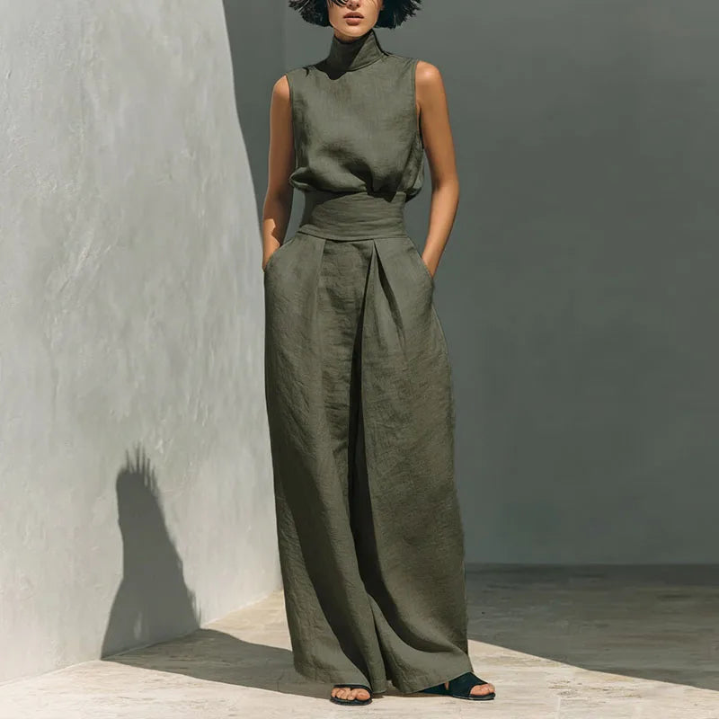 Traje Vintage de Lino y Algodón Sólido para Mujer