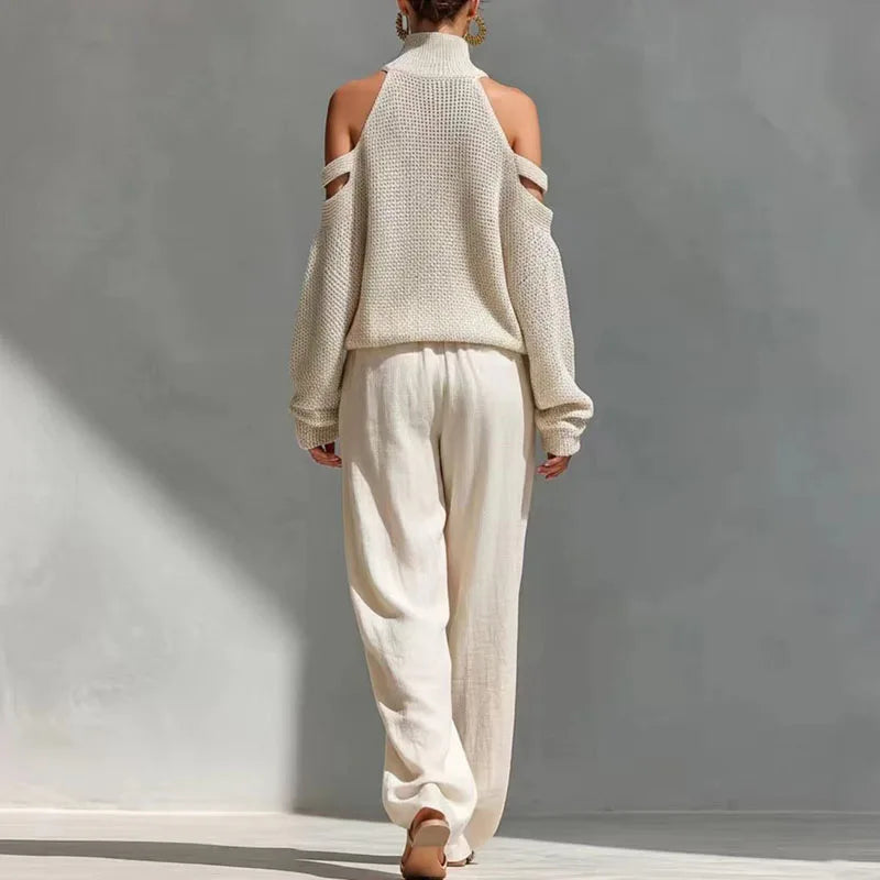Conjunto de Suéter de Punto de Cuello Alto y Pantalones Casual de Primavera
