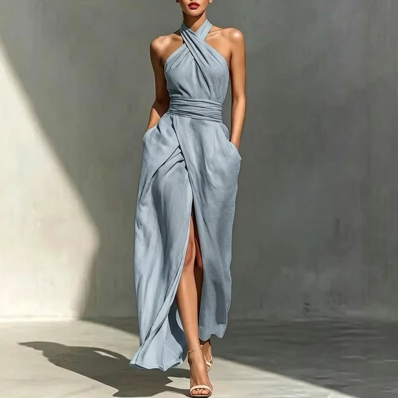 Vestido largo sexy de mujer con hombros descubierto