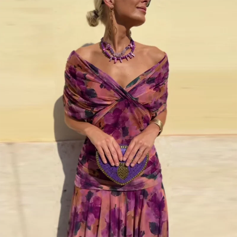 Primavera Verano vestido plisado de malla Lisa