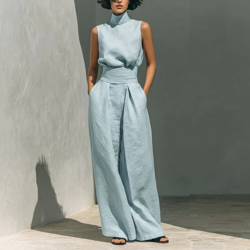 Traje Vintage de Lino y Algodón Sólido para Mujer