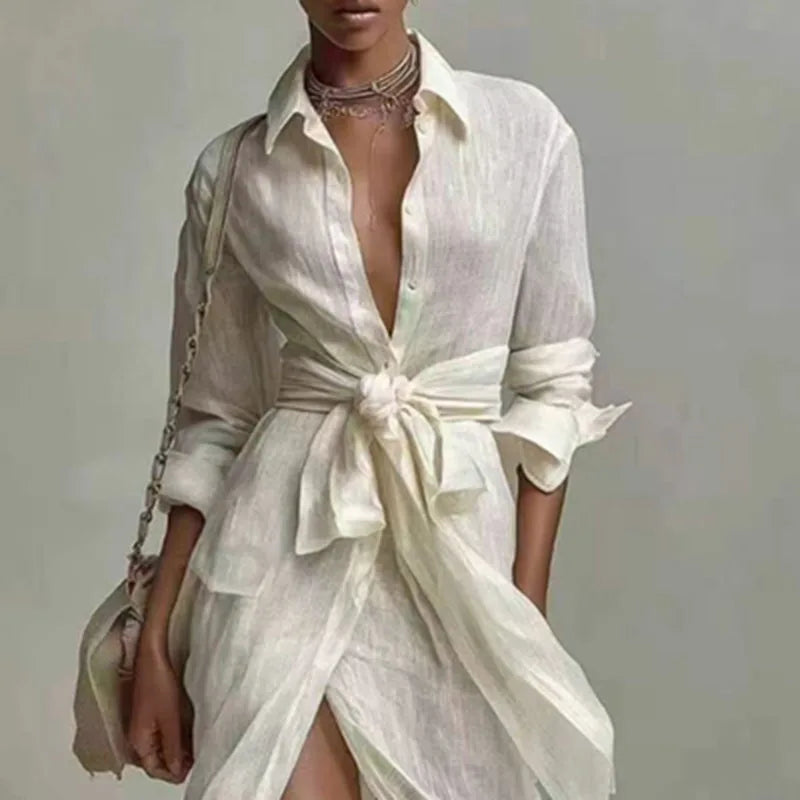 Vestido camisero largo de lino blanco