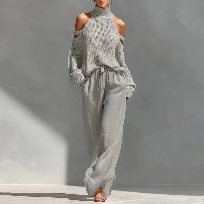 Conjunto de Suéter de Punto de Cuello Alto y Pantalones Casual de Primavera