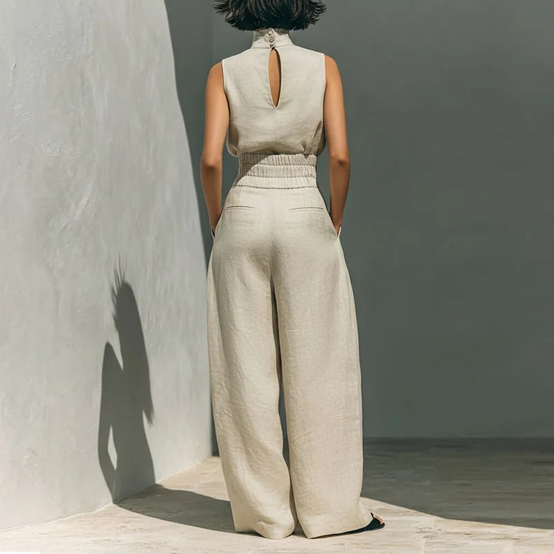 Traje Vintage de Lino y Algodón Sólido para Mujer