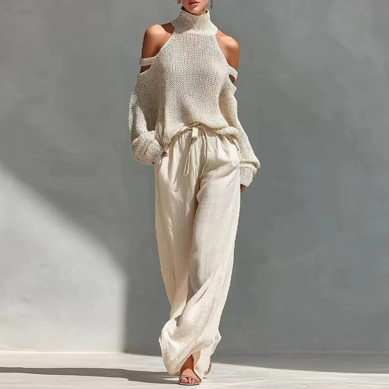 Conjunto de Suéter de Punto de Cuello Alto y Pantalones Casual de Primavera