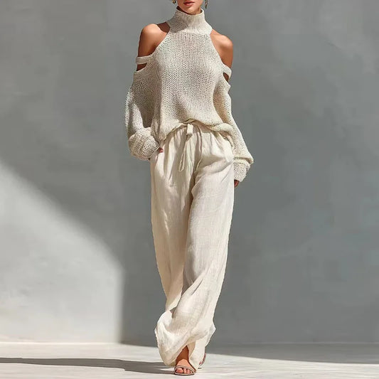 Conjunto de Suéter de Punto de Cuello Alto y Pantalones Casual de Primavera