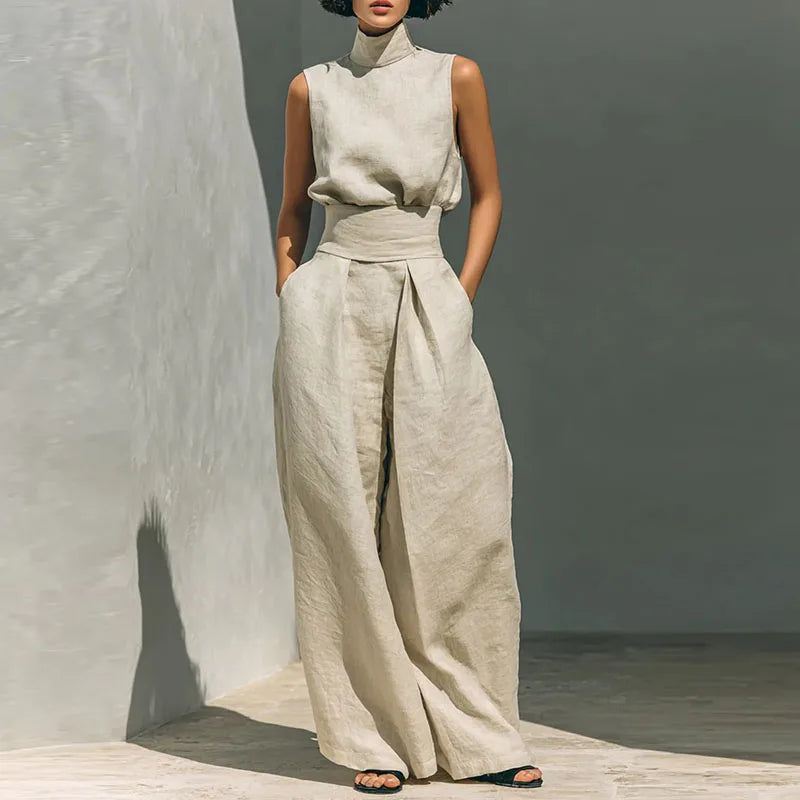Traje Vintage de Lino y Algodón Sólido para Mujer