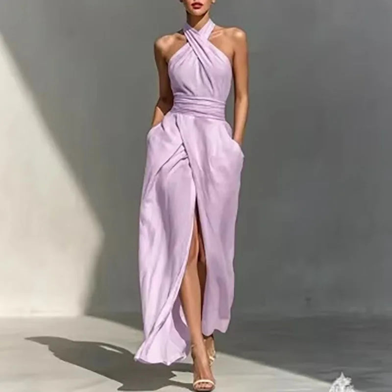 Vestido largo sexy de mujer con hombros descubierto